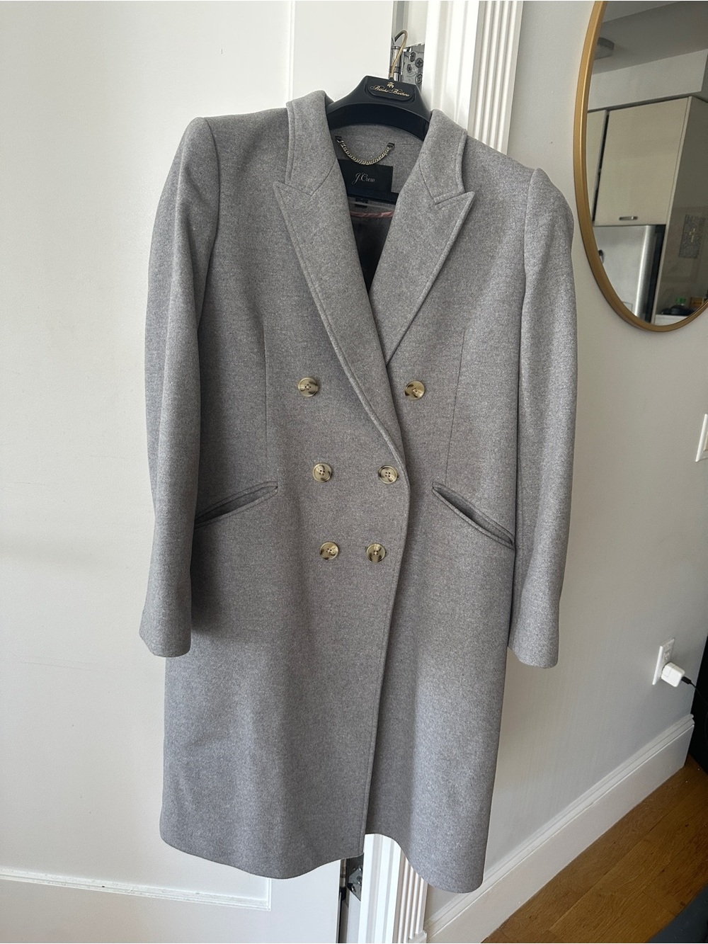 J. Crew Double-Breasted Wool Pea Coat in Light Gray with Gold Buttons